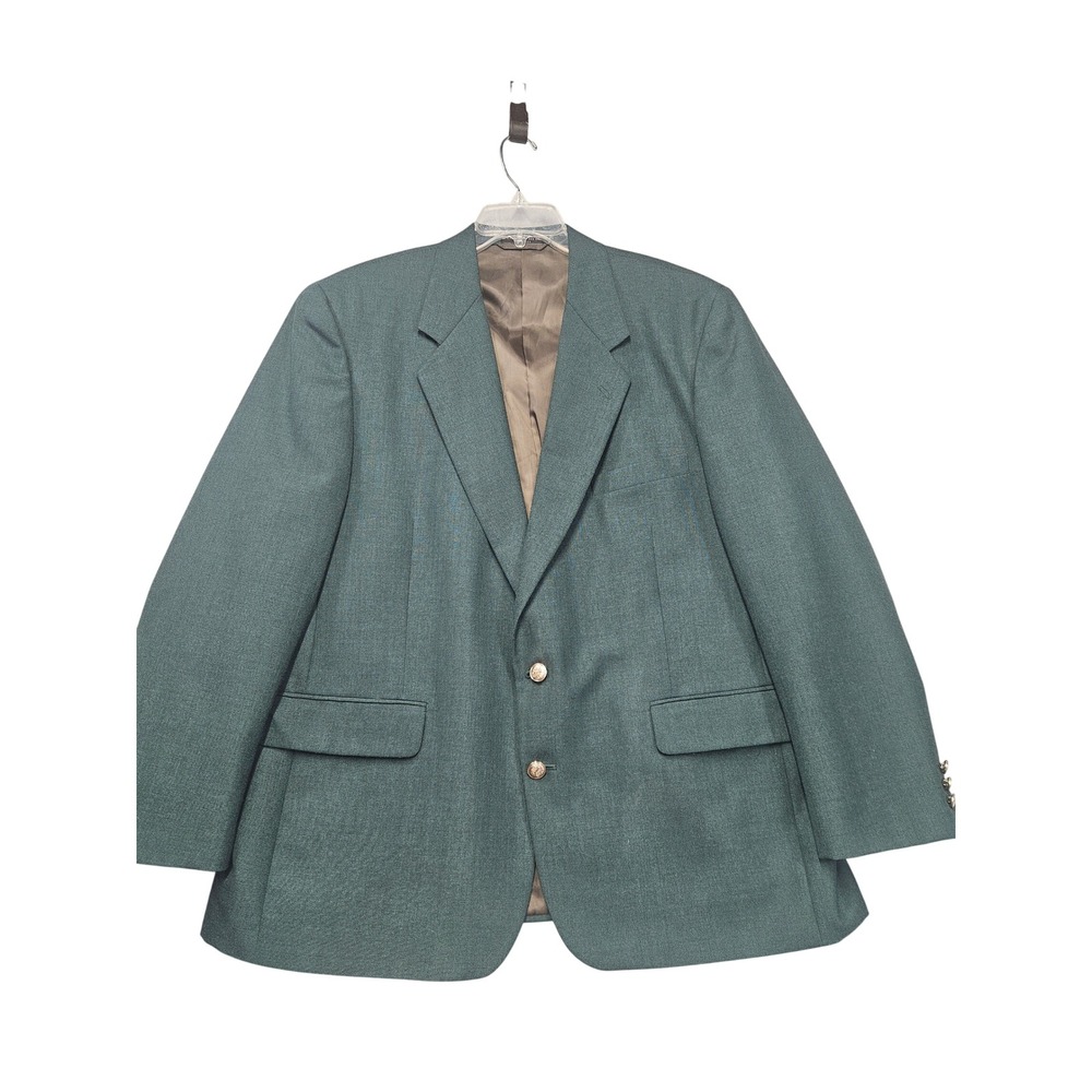 Vintage Mens Teal Green Two Button Blazer Gold Crest Buttons Sport Coat 48-50